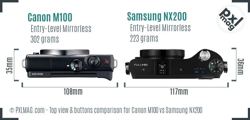 Canon M100 vs Samsung NX200 top view buttons comparison