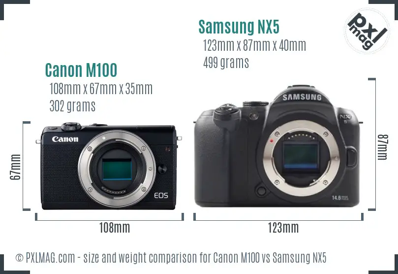 Canon M100 vs Samsung NX5 size comparison