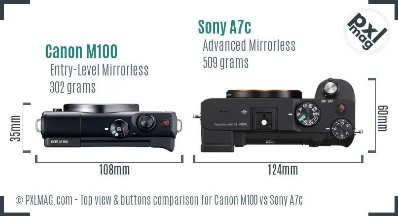 Canon M100 vs Sony A7c top view buttons comparison
