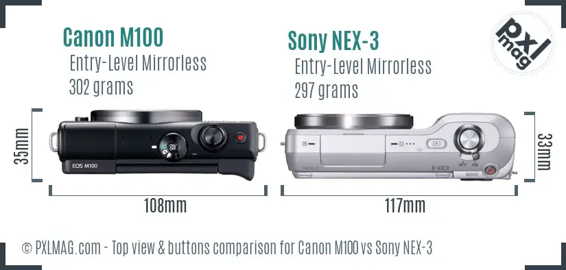 Canon M100 vs Sony NEX-3 top view buttons comparison