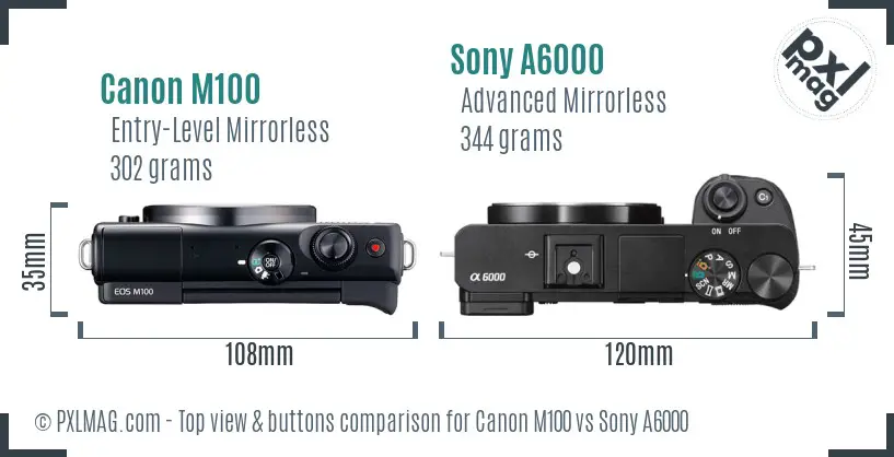 Canon M100 vs Sony A6000 top view buttons comparison