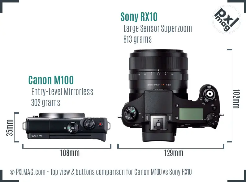 Canon M100 vs Sony RX10 top view buttons comparison