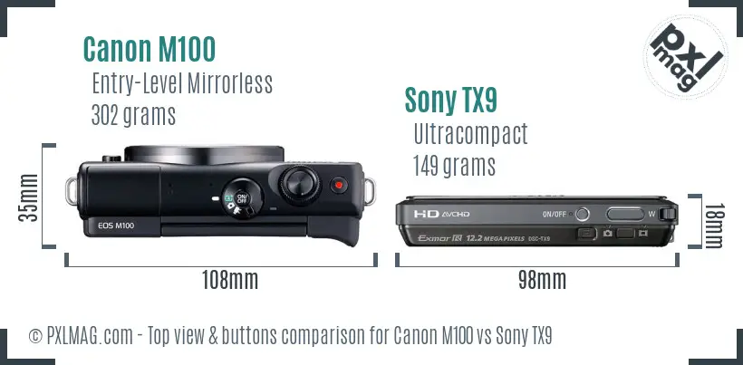 Canon M100 vs Sony TX9 top view buttons comparison