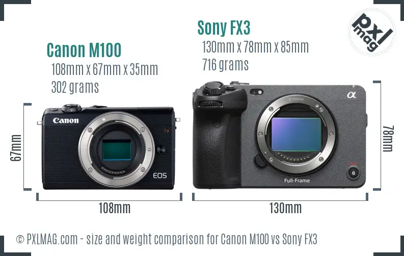 Canon M100 vs Sony FX3 size comparison