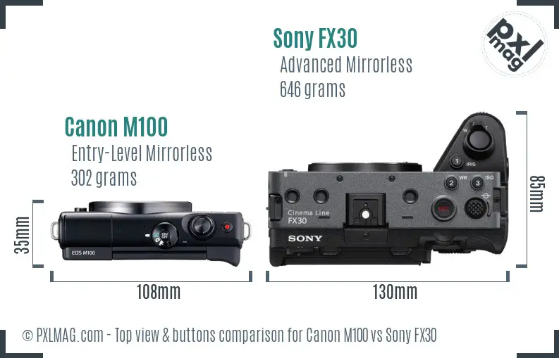 Canon M100 vs Sony FX30 top view buttons comparison