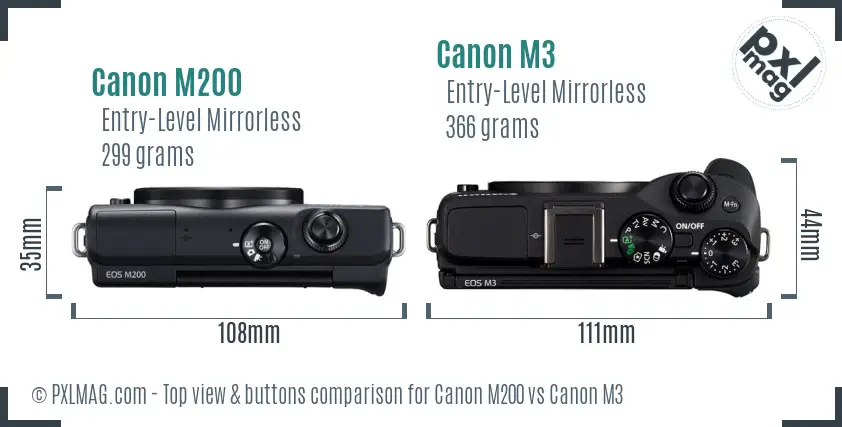 Canon M200 vs Canon M3 top view buttons comparison