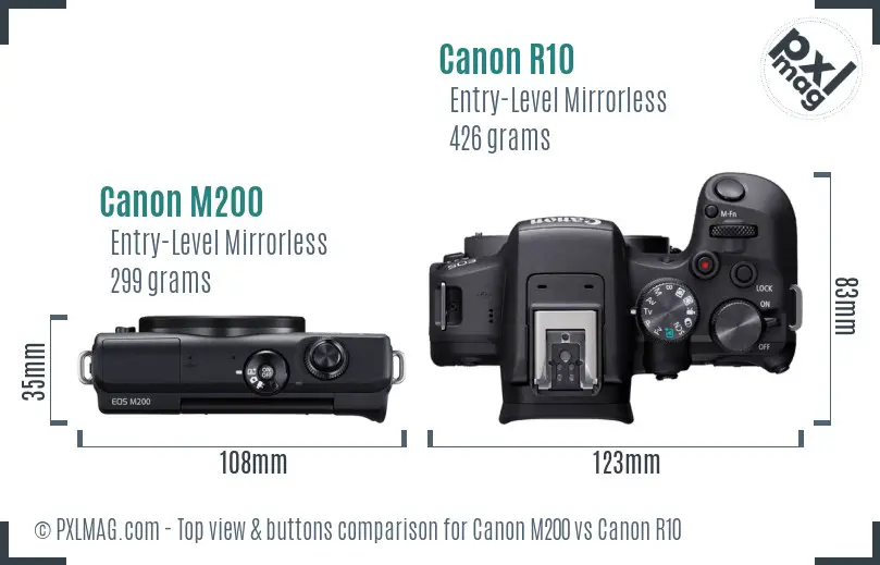 Canon M200 vs Canon R10 top view buttons comparison Canon M200 vs Canon R10 top view buttons comparison
