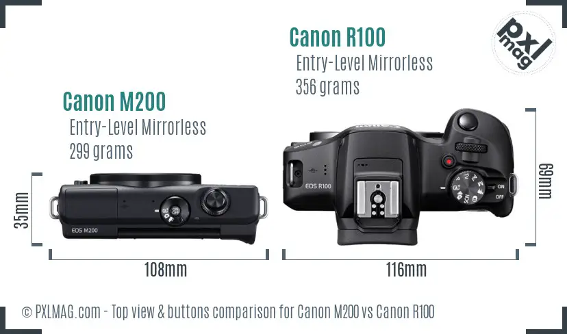 Canon M200 vs Canon R100 top view buttons comparison