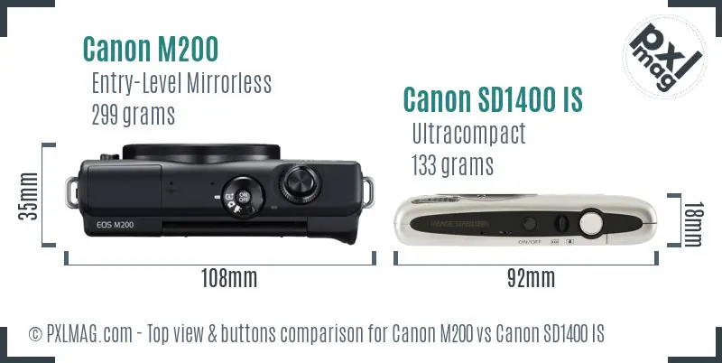 Canon M200 vs Canon SD1400 IS top view buttons comparison