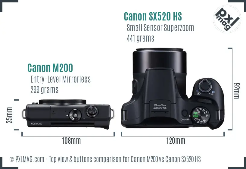 Canon M200 vs Canon SX520 HS top view buttons comparison