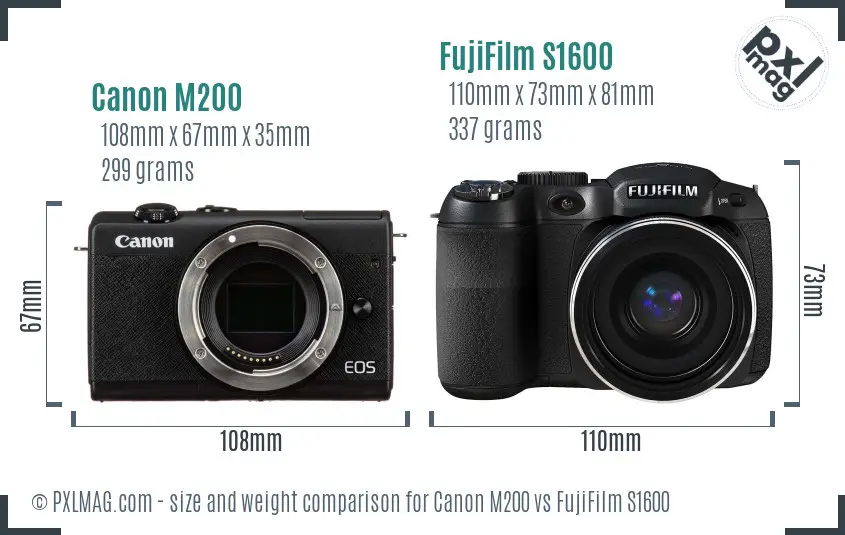 Canon M200 vs FujiFilm S1600 size comparison