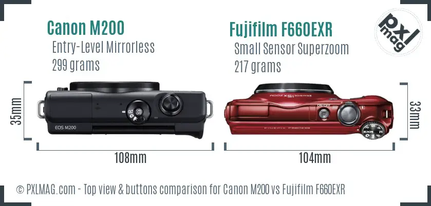 Canon M200 vs Fujifilm F660EXR top view buttons comparison
