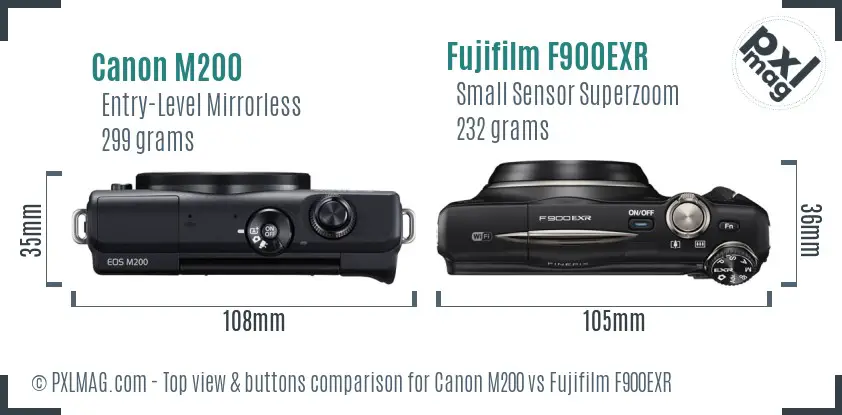 Canon M200 vs Fujifilm F900EXR top view buttons comparison