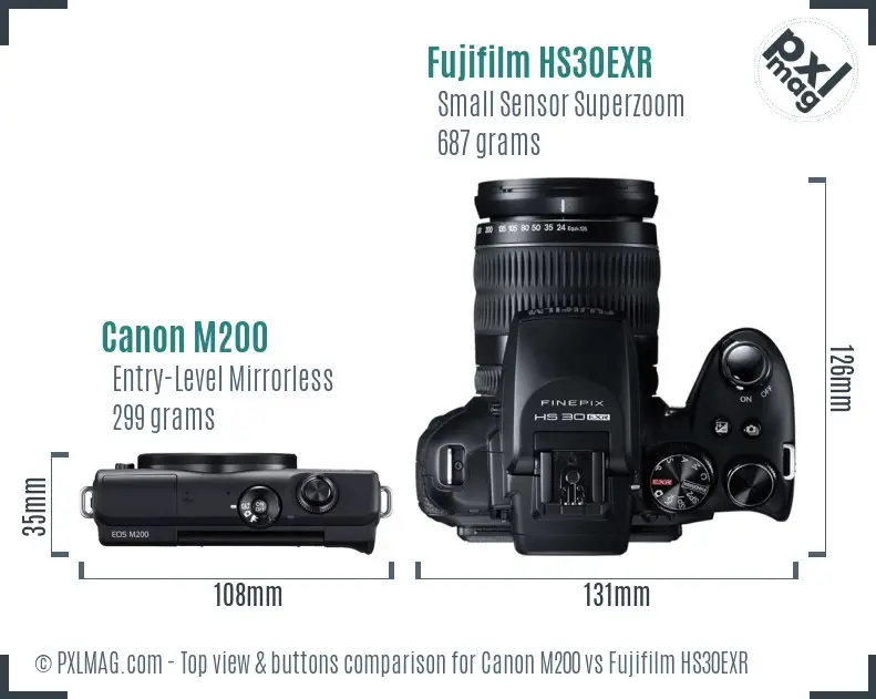 Canon M200 vs Fujifilm HS30EXR top view buttons comparison