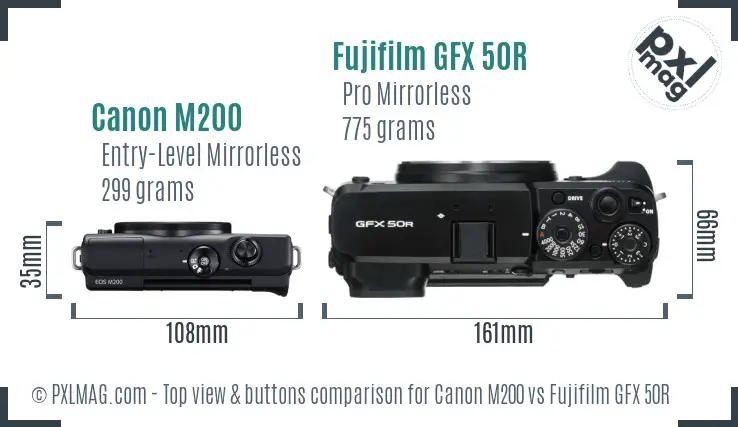 Canon M200 vs Fujifilm GFX 50R top view buttons comparison