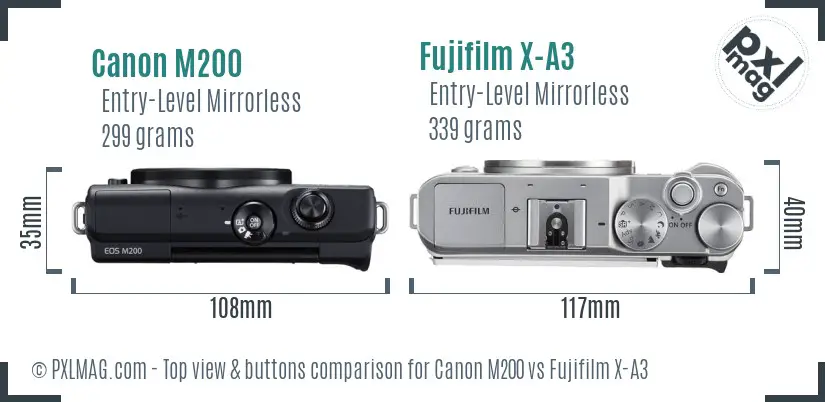 Canon M200 vs Fujifilm X-A3 top view buttons comparison