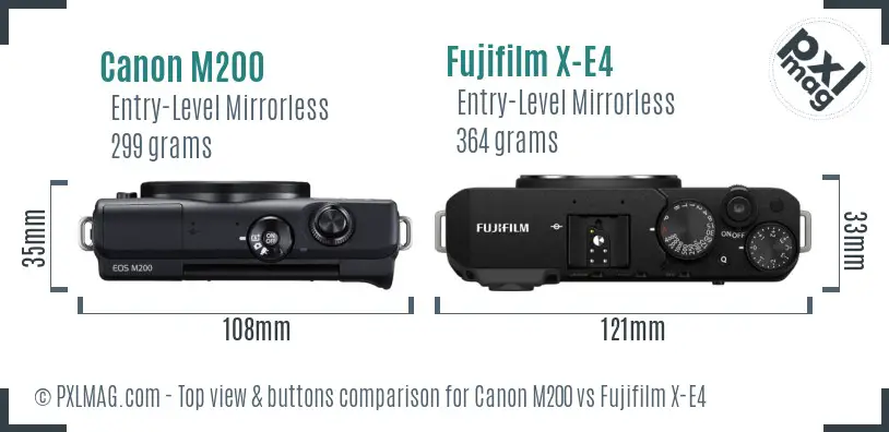 Canon M200 vs Fujifilm X-E4 top view buttons comparison