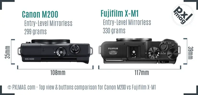 Canon M200 vs Fujifilm X-M1 top view buttons comparison