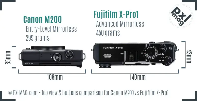Canon M200 vs Fujifilm X-Pro1 top view buttons comparison