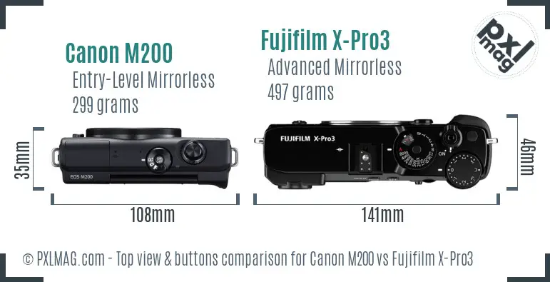 Canon M200 vs Fujifilm X-Pro3 top view buttons comparison