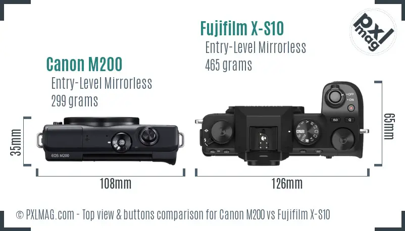 Canon M200 vs Fujifilm X-S10 top view buttons comparison