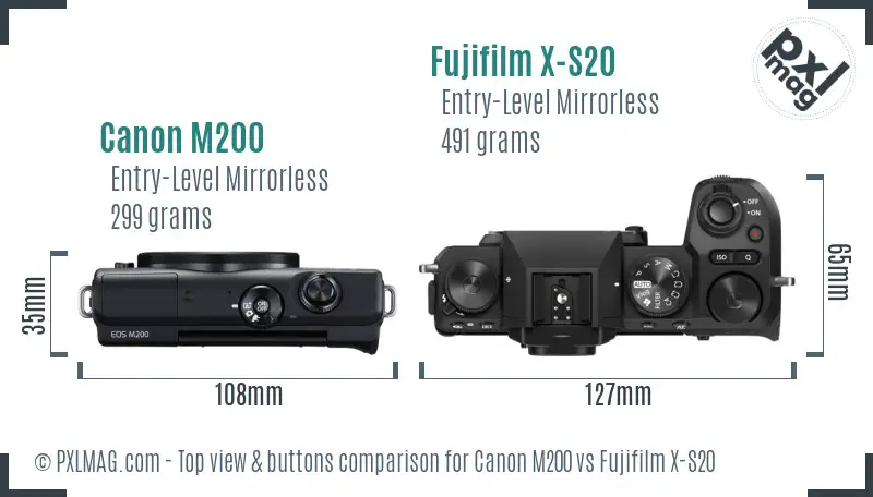 Canon M200 vs Fujifilm X-S20 top view buttons comparison