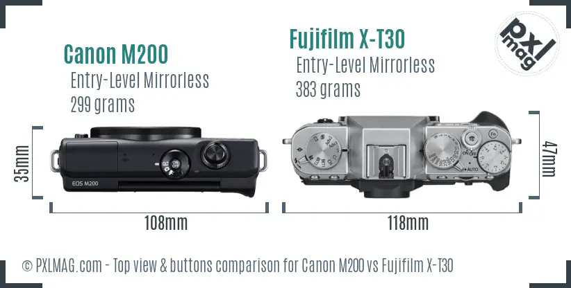 Canon M200 vs Fujifilm X-T30 top view buttons comparison