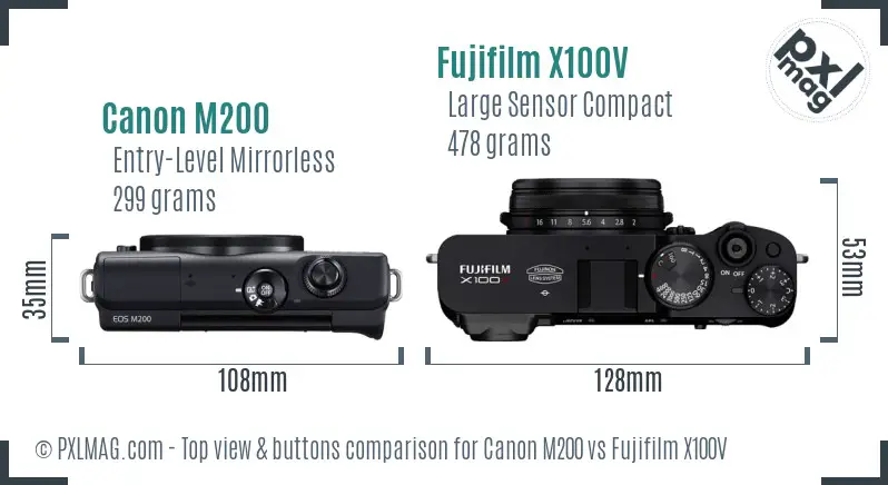 Canon M200 vs Fujifilm X100V top view buttons comparison Canon M200 vs Fujifilm X100V top view buttons comparison