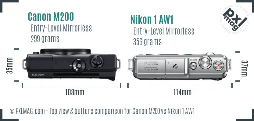 Canon M200 vs Nikon 1 AW1 top view buttons comparison