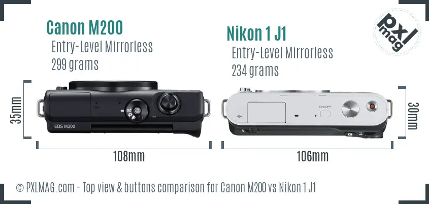 Canon M200 vs Nikon 1 J1 top view buttons comparison