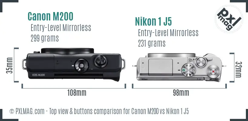 Canon M200 vs Nikon 1 J5 top view buttons comparison