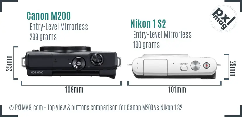 Canon M200 vs Nikon 1 S2 top view buttons comparison