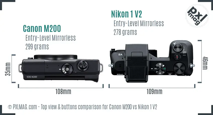 Canon M200 vs Nikon 1 V2 top view buttons comparison