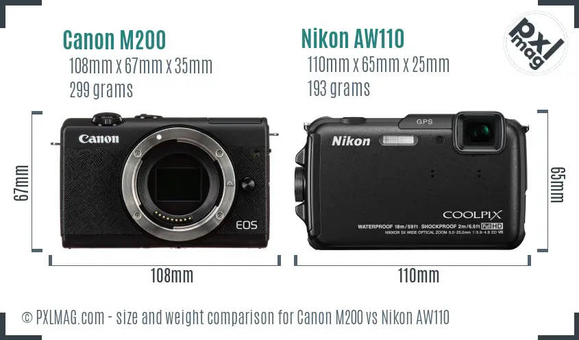Canon M200 vs Nikon AW110 size comparison