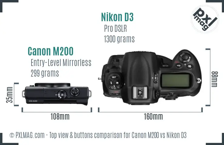 Canon M200 vs Nikon D3 top view buttons comparison