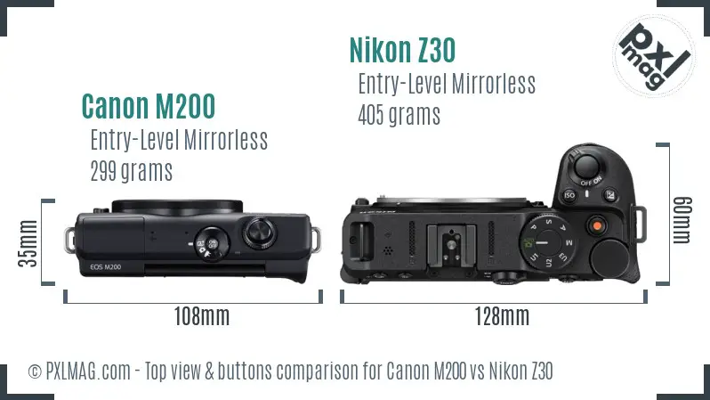 Canon M200 vs Nikon Z30 top view buttons comparison