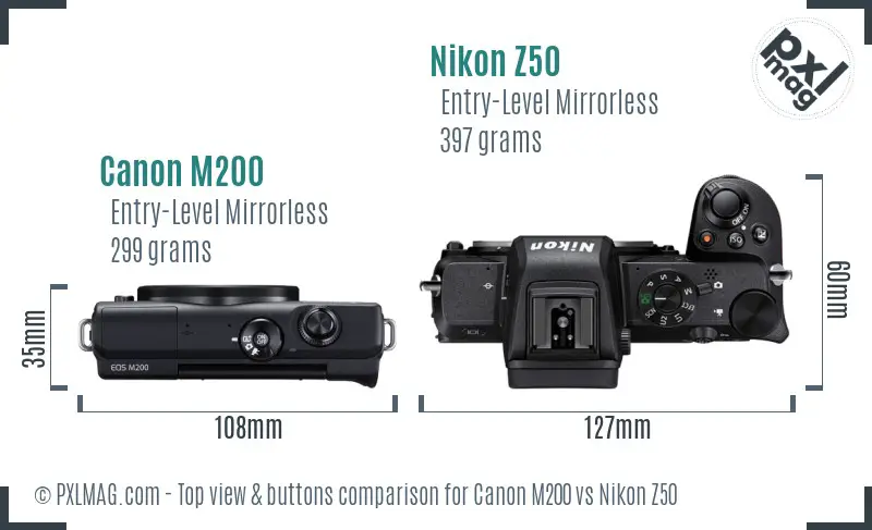 Canon M200 vs Nikon Z50 top view buttons comparison
