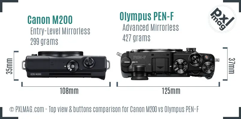 Canon M200 vs Olympus PEN-F top view buttons comparison