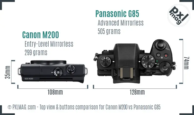 Canon M200 vs Panasonic G85 top view buttons comparison Canon M200 vs Panasonic G85 top view buttons comparison