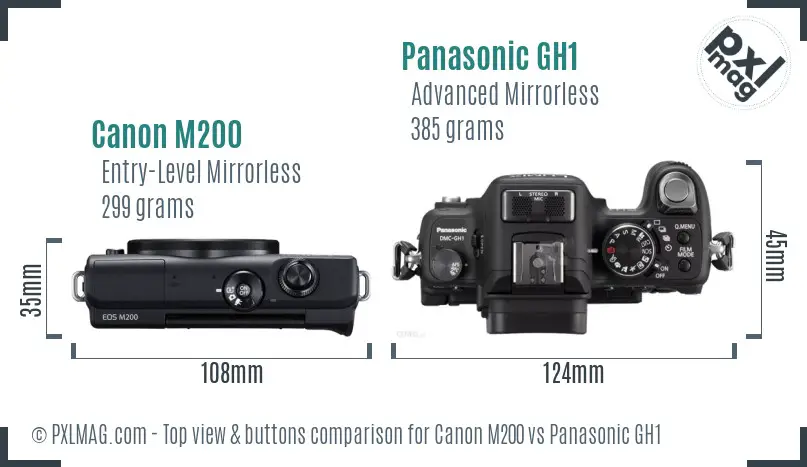 Canon M200 vs Panasonic GH1 top view buttons comparison