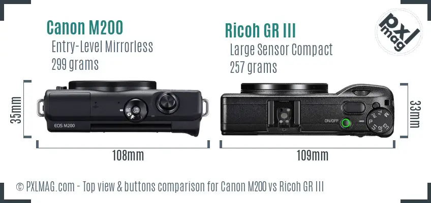 Canon M200 vs Ricoh GR III top view buttons comparison Canon M200 vs Ricoh GR III top view buttons comparison