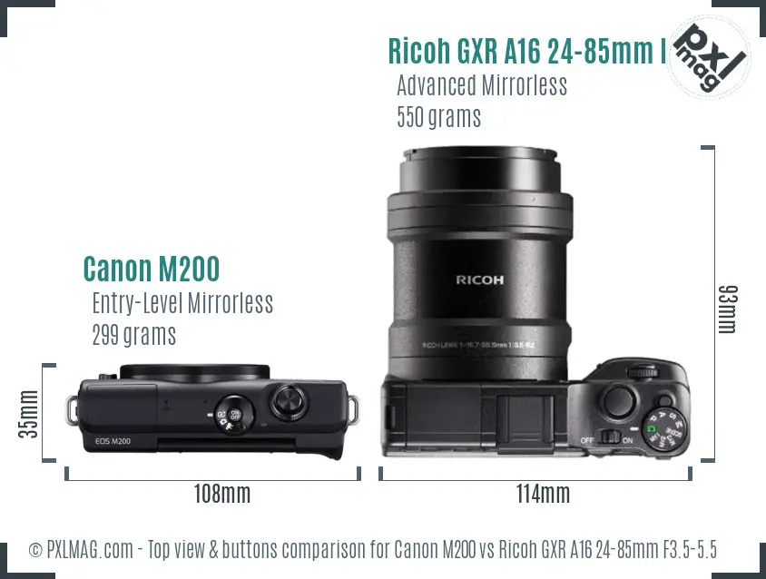 Canon M200 vs Ricoh GXR A16 24-85mm F3.5-5.5 top view buttons comparison