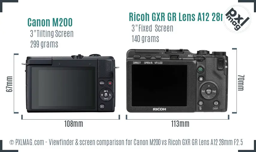 Canon M200 vs Ricoh GXR GR Lens A12 28mm F2.5 Screen and Viewfinder comparison