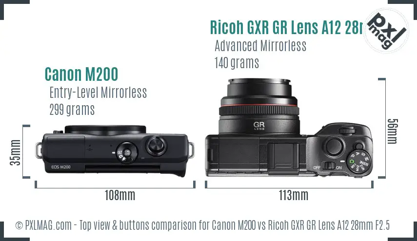 Canon M200 vs Ricoh GXR GR Lens A12 28mm F2.5 top view buttons comparison