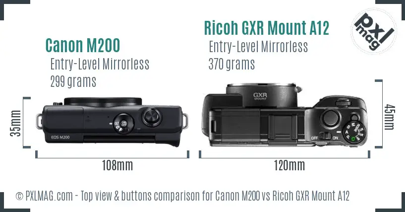 Canon M200 vs Ricoh GXR Mount A12 top view buttons comparison