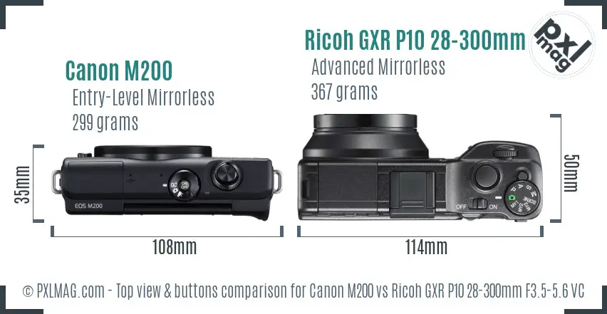 Canon M200 vs Ricoh GXR P10 28-300mm F3.5-5.6 VC top view buttons comparison