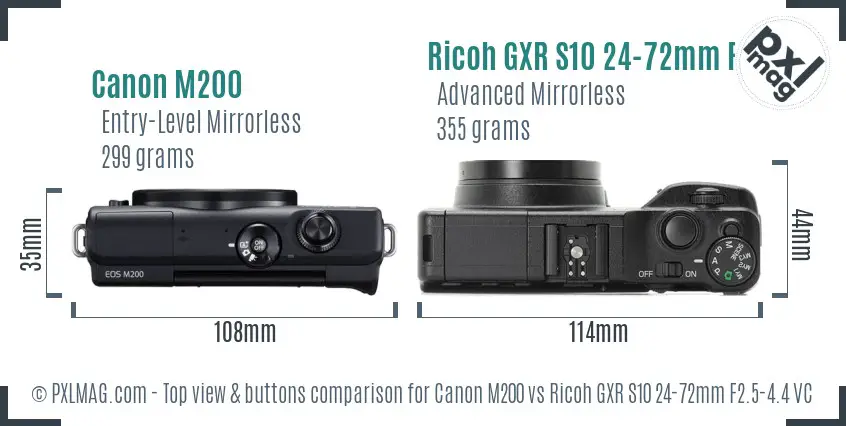 Canon M200 vs Ricoh GXR S10 24-72mm F2.5-4.4 VC top view buttons comparison Canon M200 vs Ricoh GXR S10 24-72mm F2.5-4.4 VC top view buttons comparison
