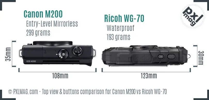 Canon M200 vs Ricoh WG-70 top view buttons comparison