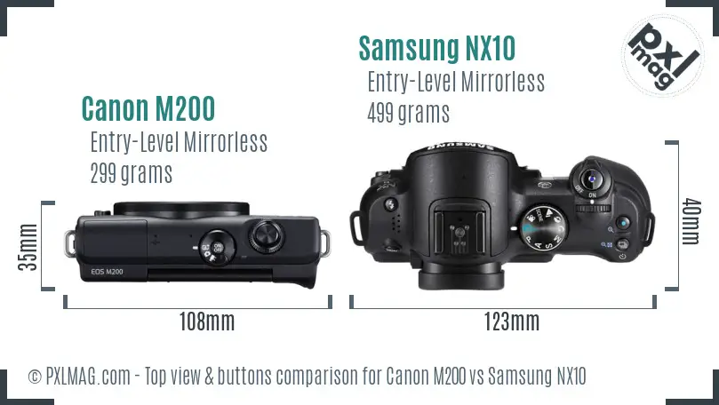 Canon M200 vs Samsung NX10 top view buttons comparison
