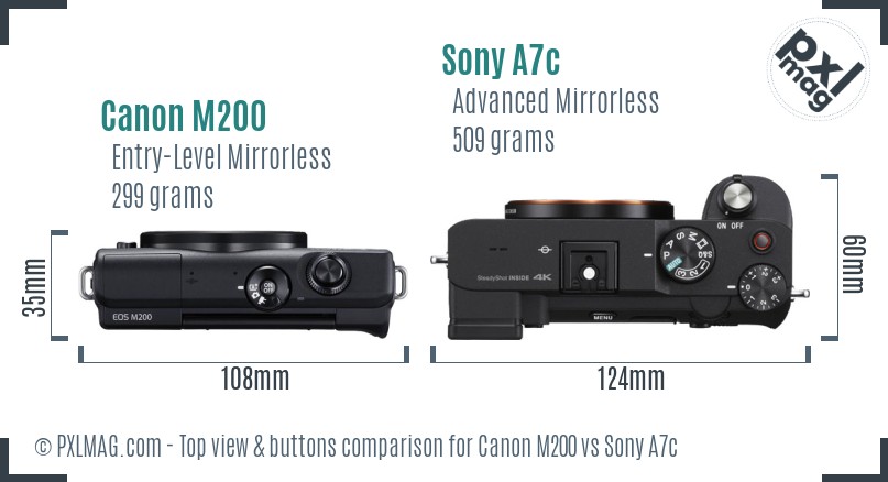 Canon M200 vs Sony A7c top view buttons comparison